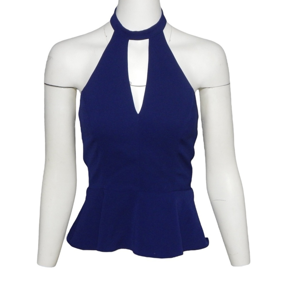 Amanda Uprichard Cecily Peplum Top Halter Sleeveless Navy Blue Size Small